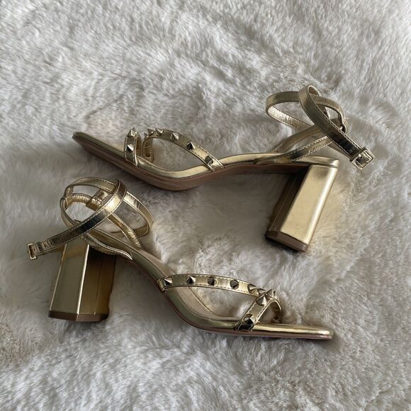 New Asos Hampstead Women's 8 Gold Studded Sexy Strappy Mid Block Heel Sandals - Picture 8 of 8